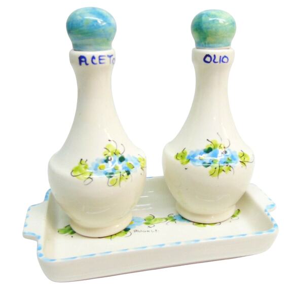 La Goccia Italian Pottery OIL & VINEGAR CRUETS TRAY Olio Aceto Bottles Majolica - Picture 1 of 9